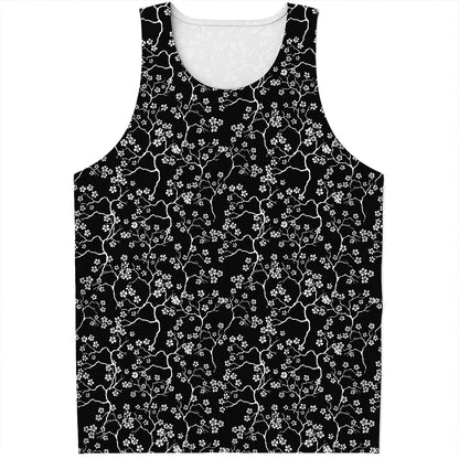 Black And White Cherry Blossom Print Men's Tank Top