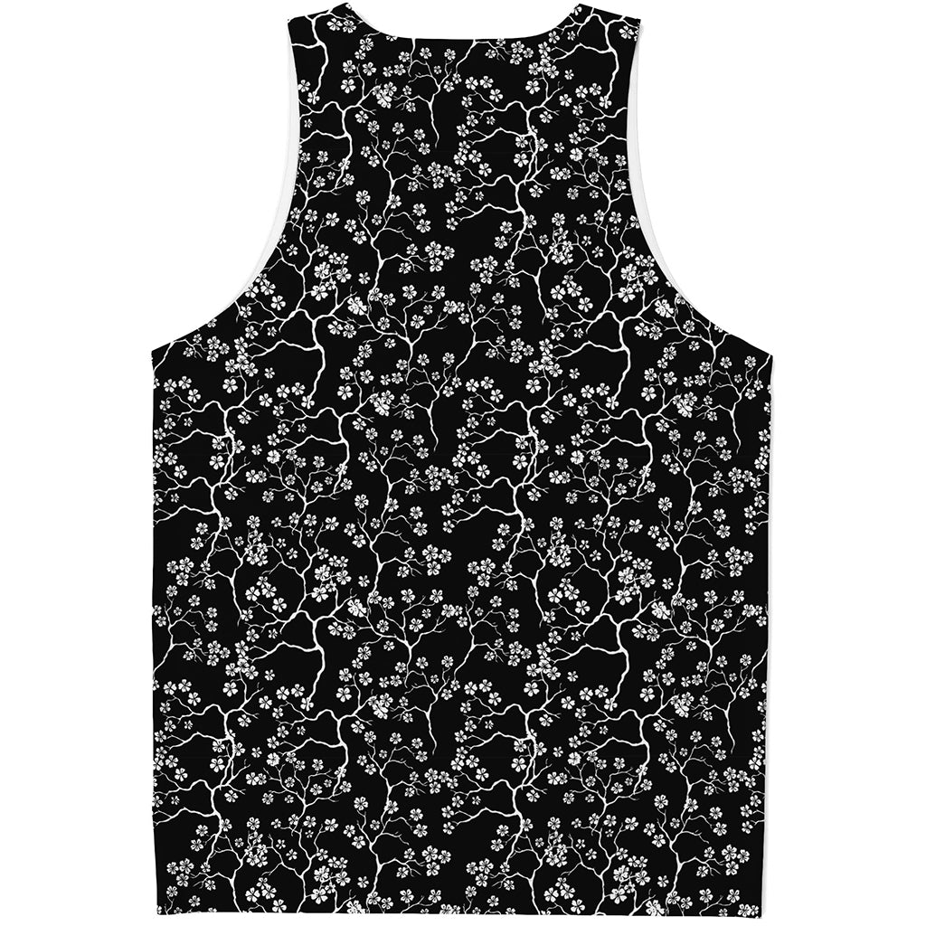 Black And White Cherry Blossom Print Men's Tank Top