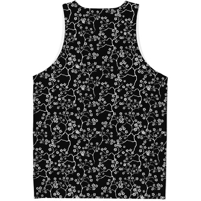 Black And White Cherry Blossom Print Men's Tank Top