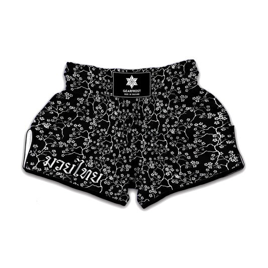 Black And White Cherry Blossom Print Muay Thai Boxing Shorts