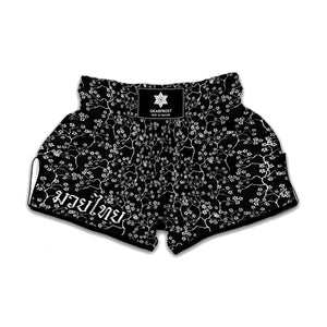 Black And White Cherry Blossom Print Muay Thai Boxing Shorts