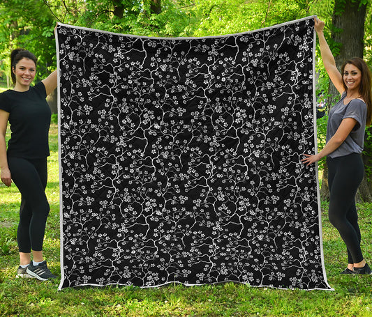 Black And White Cherry Blossom Print Quilt