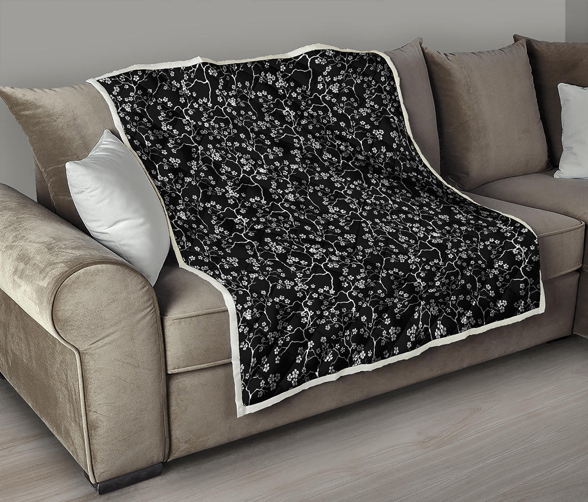 Black And White Cherry Blossom Print Quilt