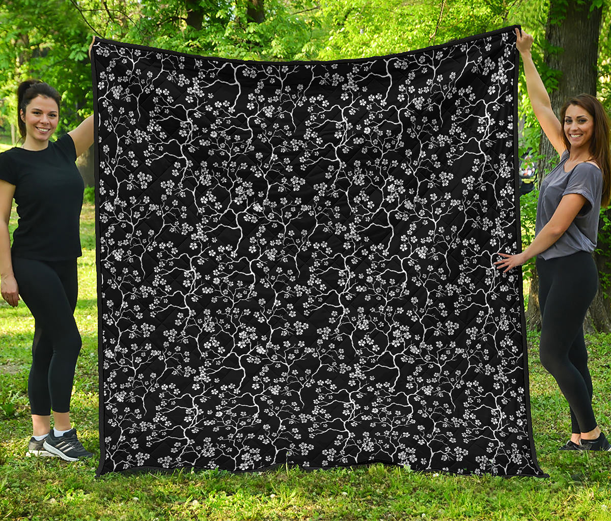 Black And White Cherry Blossom Print Quilt