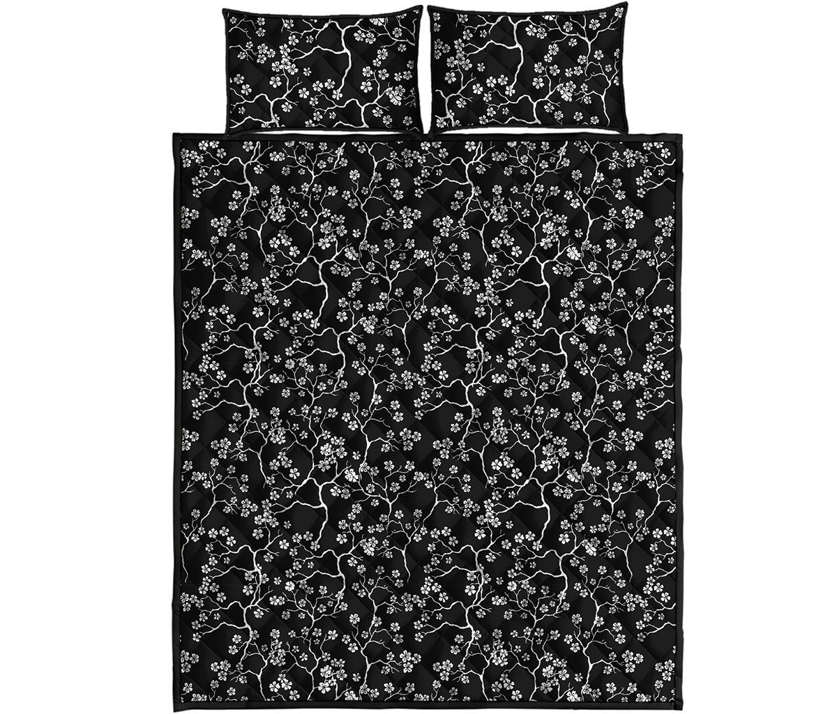 Black And White Cherry Blossom Print Quilt Bed Set