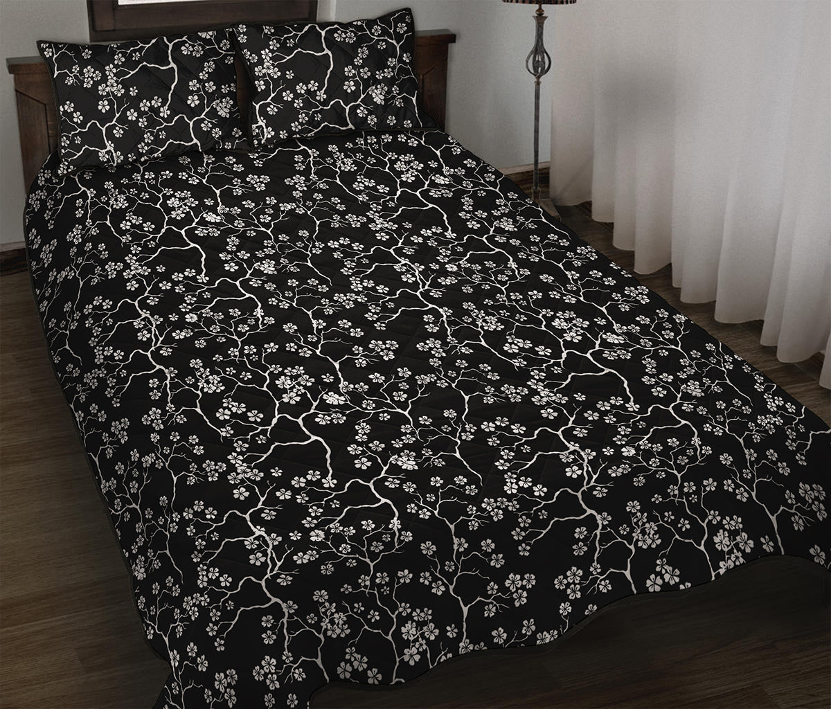 Black And White Cherry Blossom Print Quilt Bed Set