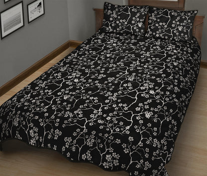 Black And White Cherry Blossom Print Quilt Bed Set