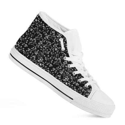 Black And White Cherry Blossom Print White High Top Shoes