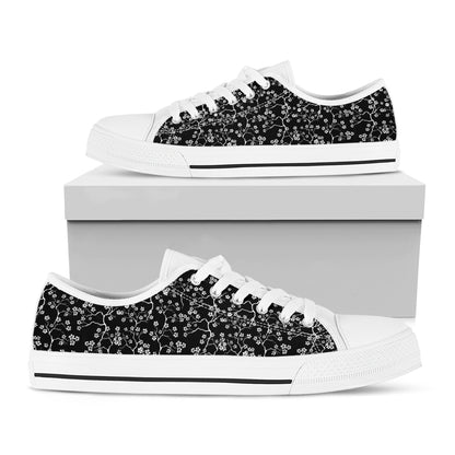 Black And White Cherry Blossom Print White Low Top Shoes
