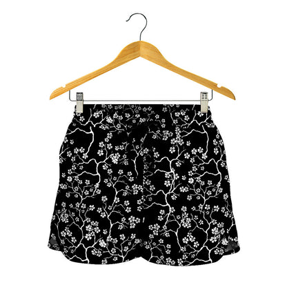 Black And White Cherry Blossom Print Women's Shorts