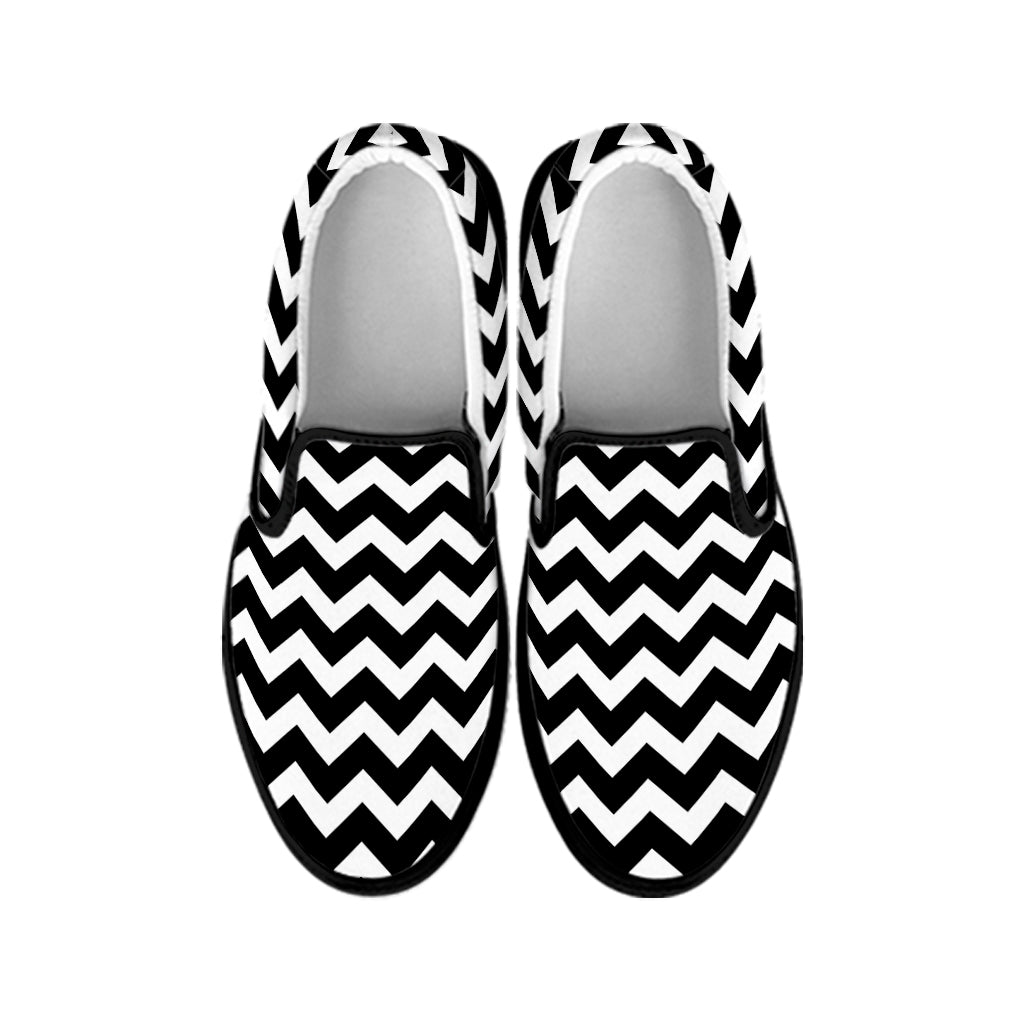 Black And White Chevron Pattern Print Black Slip On Shoes