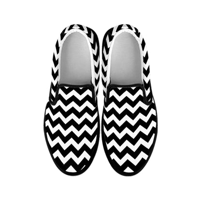Black And White Chevron Pattern Print Black Slip On Shoes