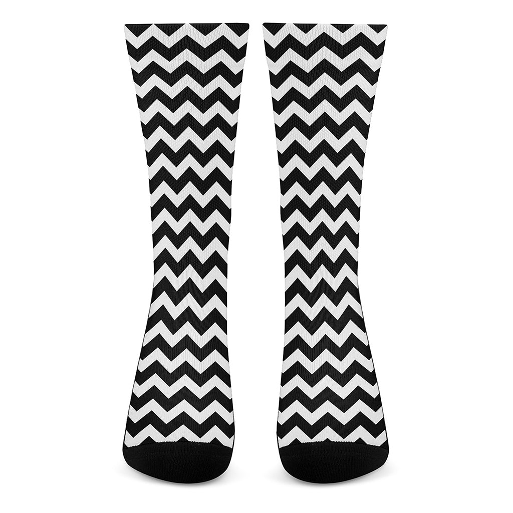 Black And White Chevron Pattern Print Crew Socks