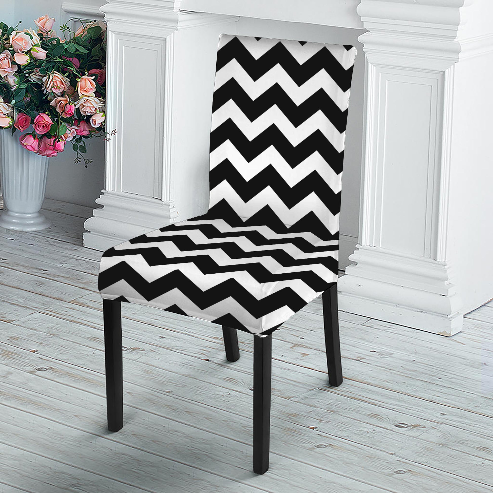 Black And White Chevron Pattern Print Dining Chair Slipcover