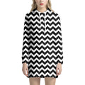Black And White Chevron Pattern Print Pullover Hoodie Dress