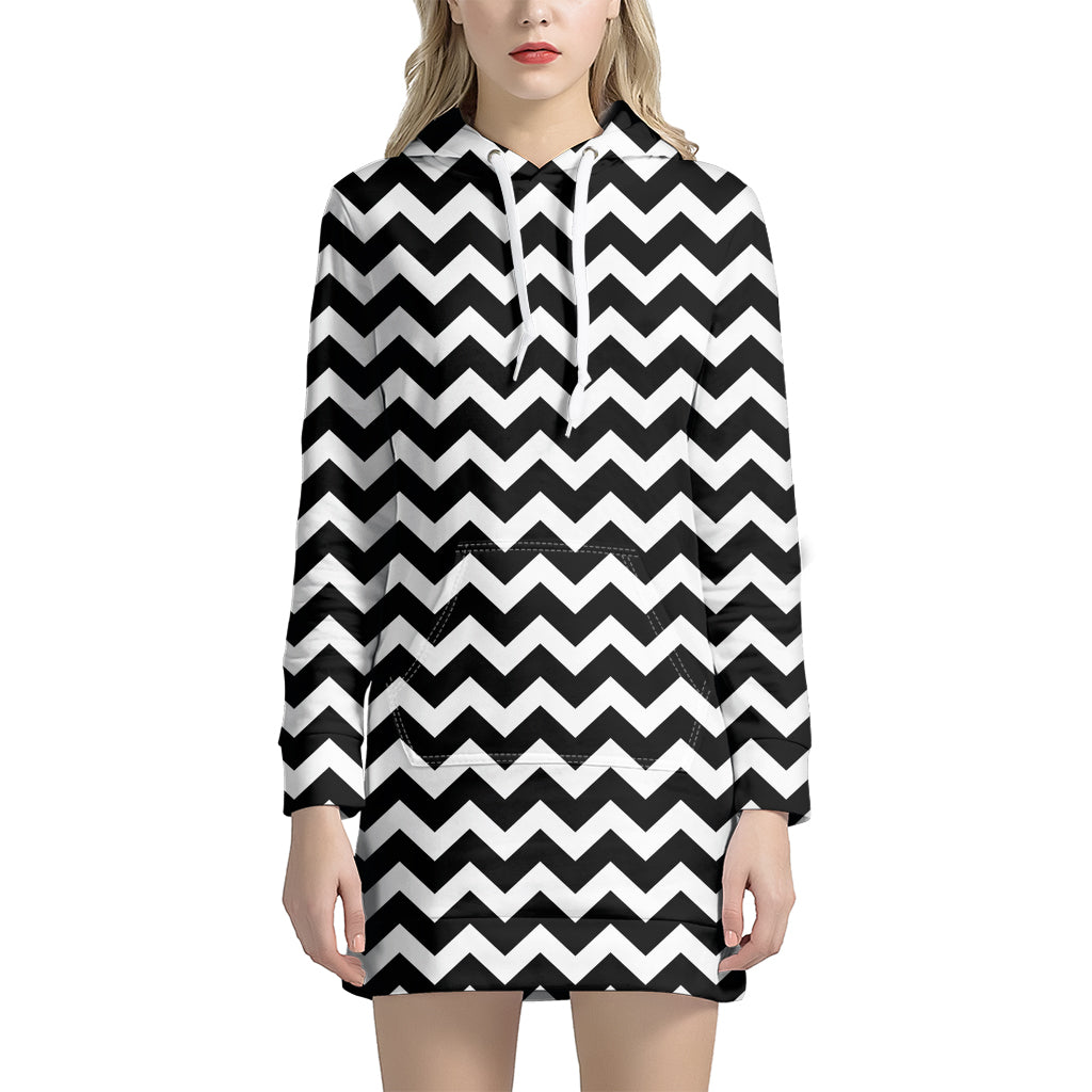 Black And White Chevron Pattern Print Hoodie Dress