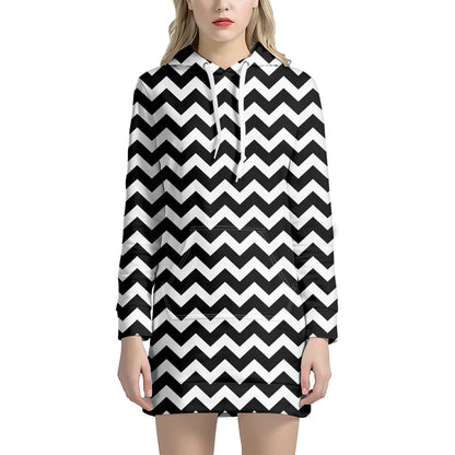 Black And White Chevron Pattern Print Hoodie Dress