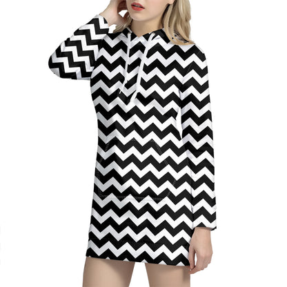 Black And White Chevron Pattern Print Hoodie Dress