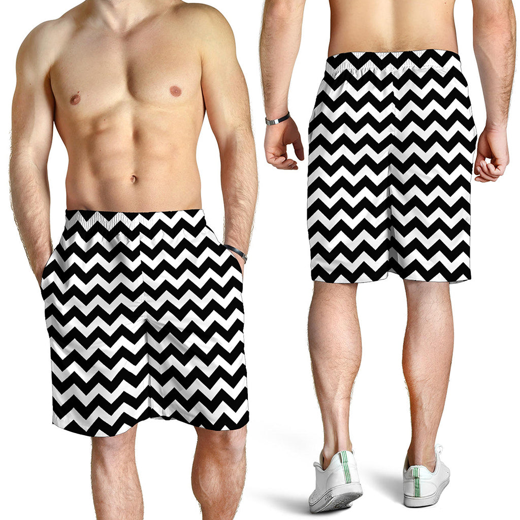 Black And White Chevron Pattern Print Men's Shorts