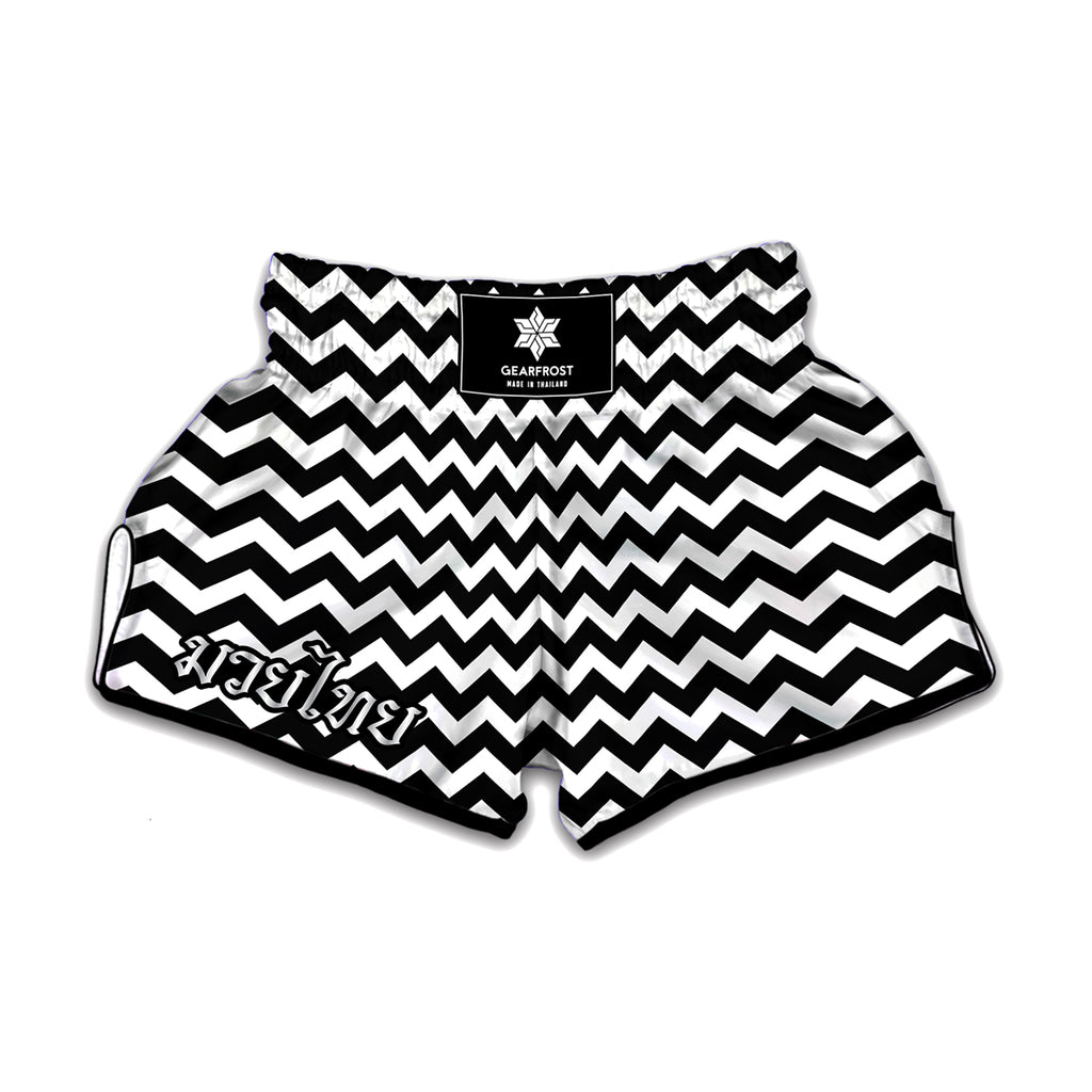 Black And White Chevron Pattern Print Muay Thai Boxing Shorts