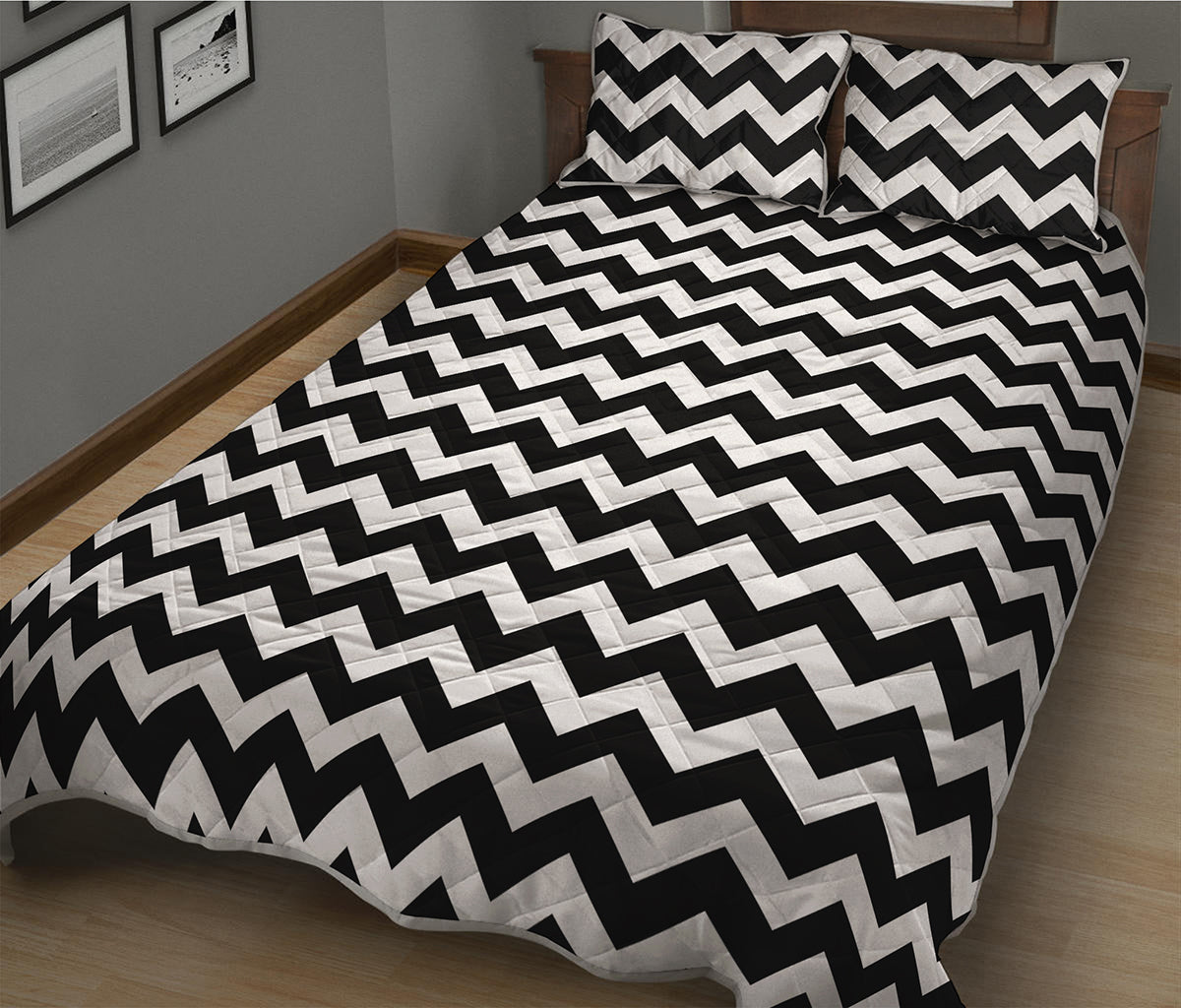 Black And White Chevron Pattern Print Quilt Bed Set