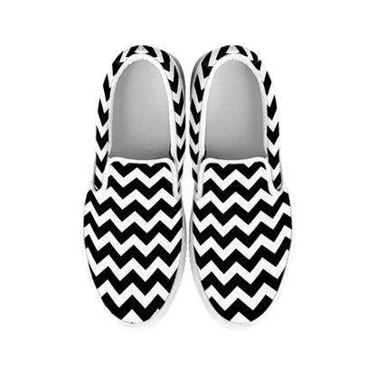 Black And White Chevron Pattern Print White Slip On Shoes