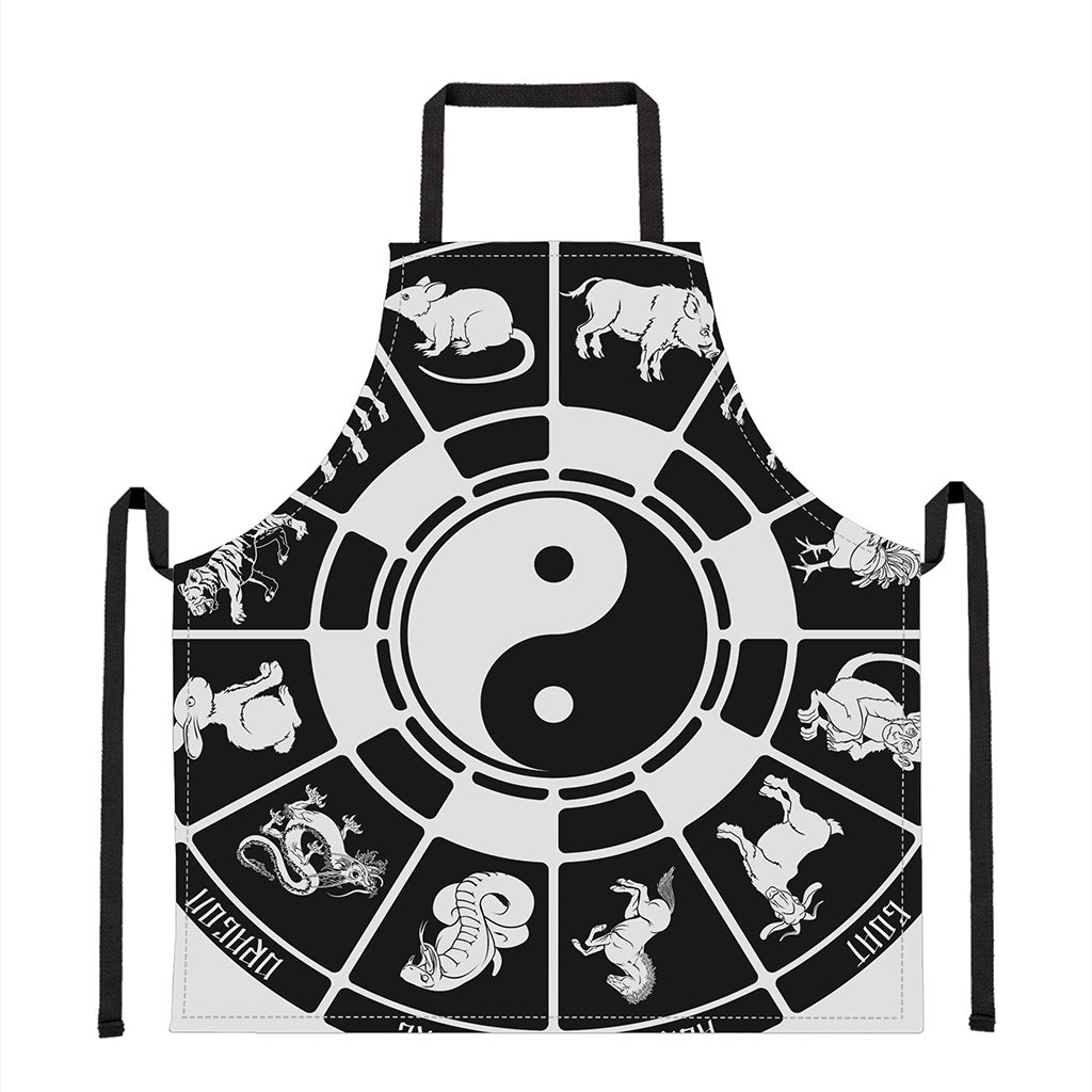 Black And White Chinese Zodiac Print Apron