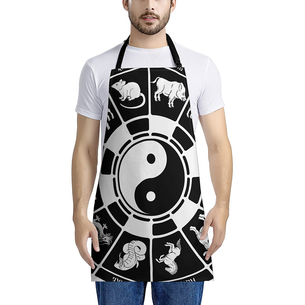 Black And White Chinese Zodiac Print Apron