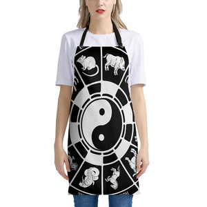 Black And White Chinese Zodiac Print Apron