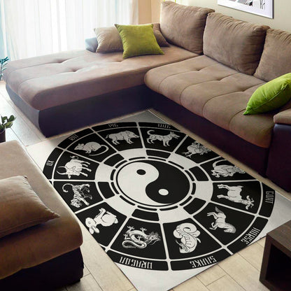 Black And White Chinese Zodiac Print Area Rug