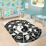Black And White Chinese Zodiac Print Area Rug