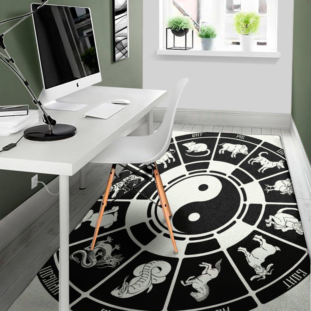 Black And White Chinese Zodiac Print Area Rug