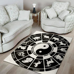 Black And White Chinese Zodiac Print Area Rug