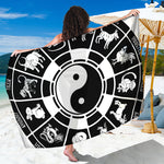 Black And White Chinese Zodiac Print Beach Sarong Wrap