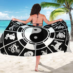 Black And White Chinese Zodiac Print Beach Sarong Wrap