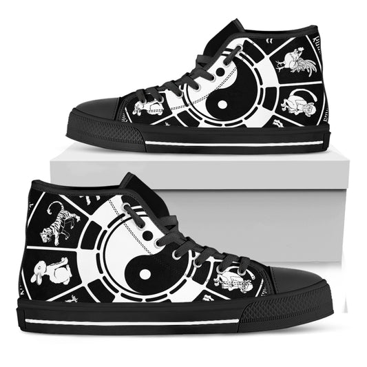 Black And White Chinese Zodiac Print Black High Top Shoes