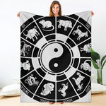 Black And White Chinese Zodiac Print Blanket