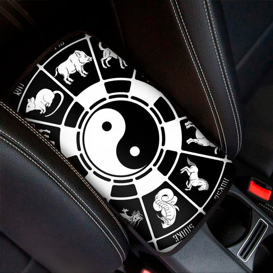 Black And White Chinese Zodiac Print Car Center Console Cover