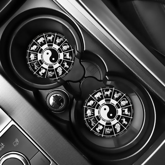 Black And White Chinese Zodiac Print Car Coasters