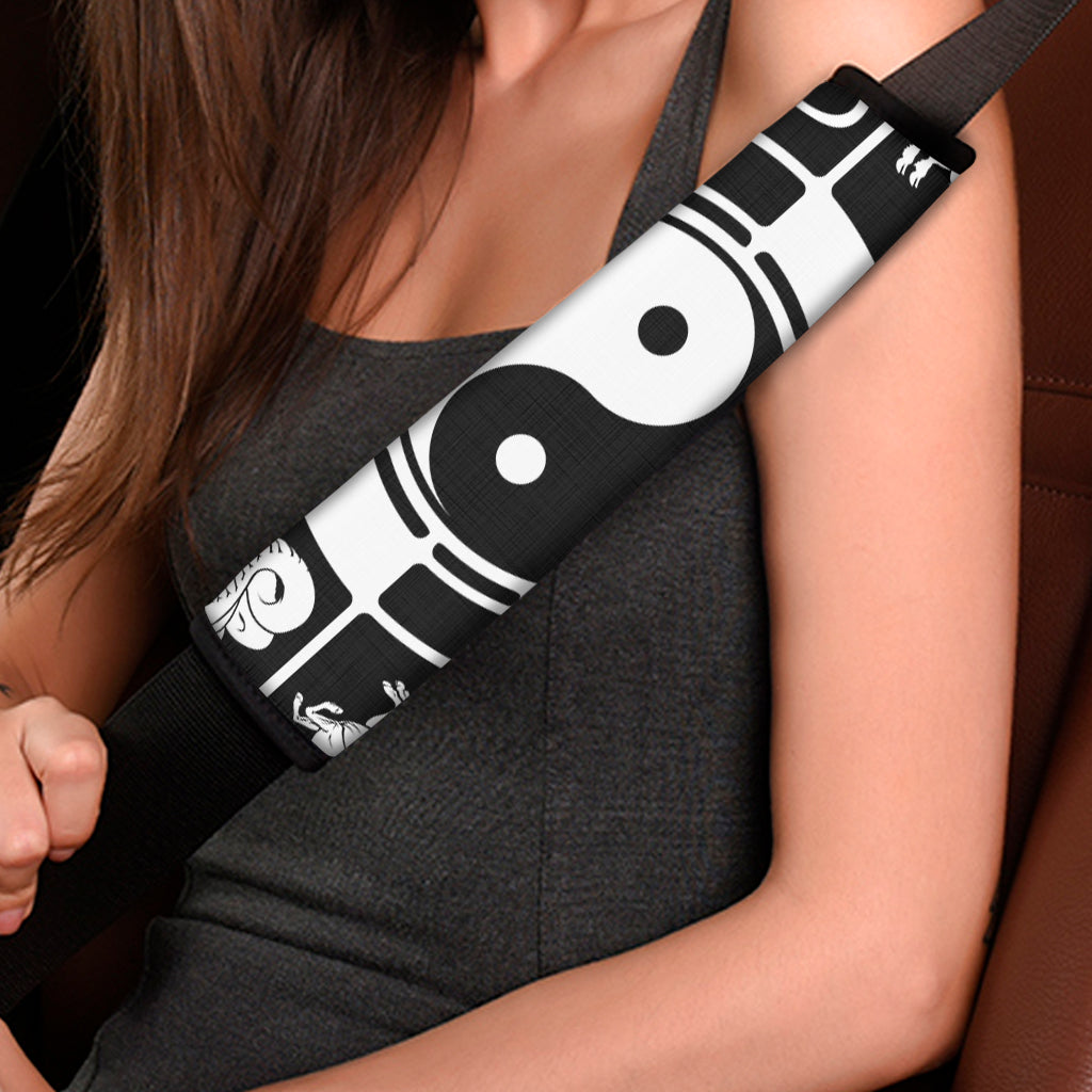 Black And White Chinese Zodiac Print Car Seat Belt Covers