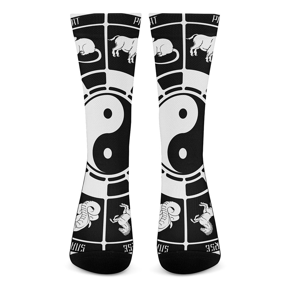 Black And White Chinese Zodiac Print Crew Socks