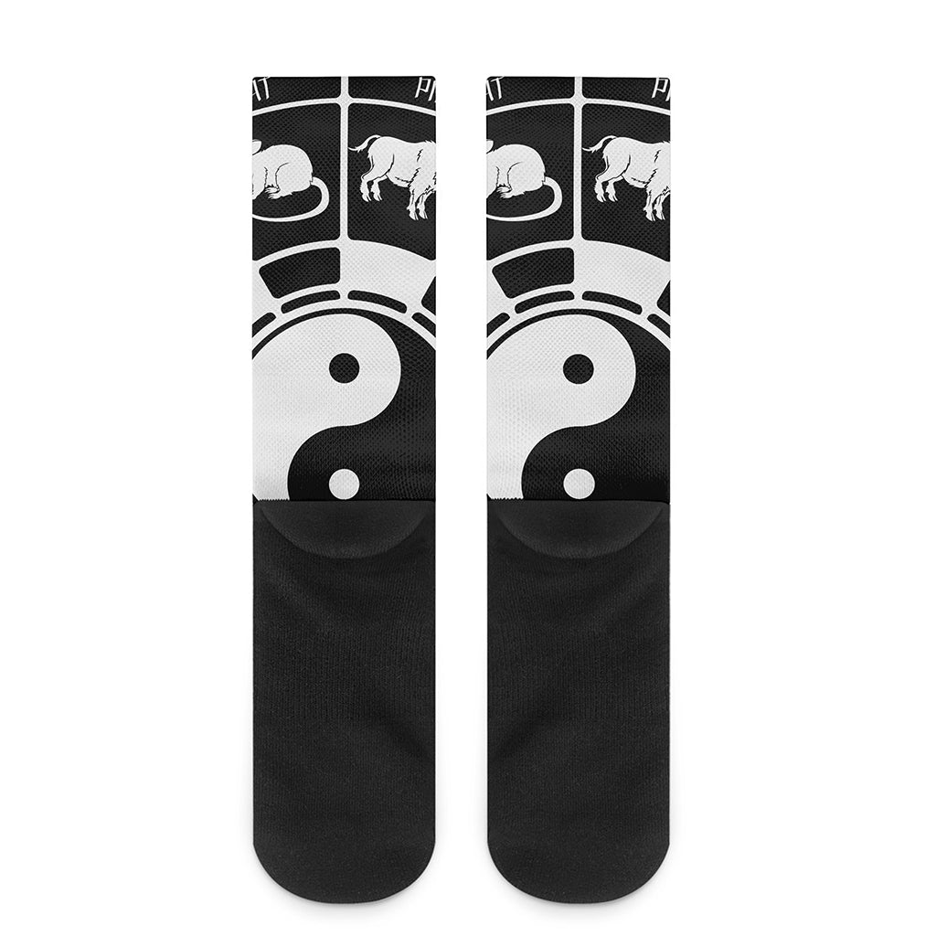 Black And White Chinese Zodiac Print Crew Socks