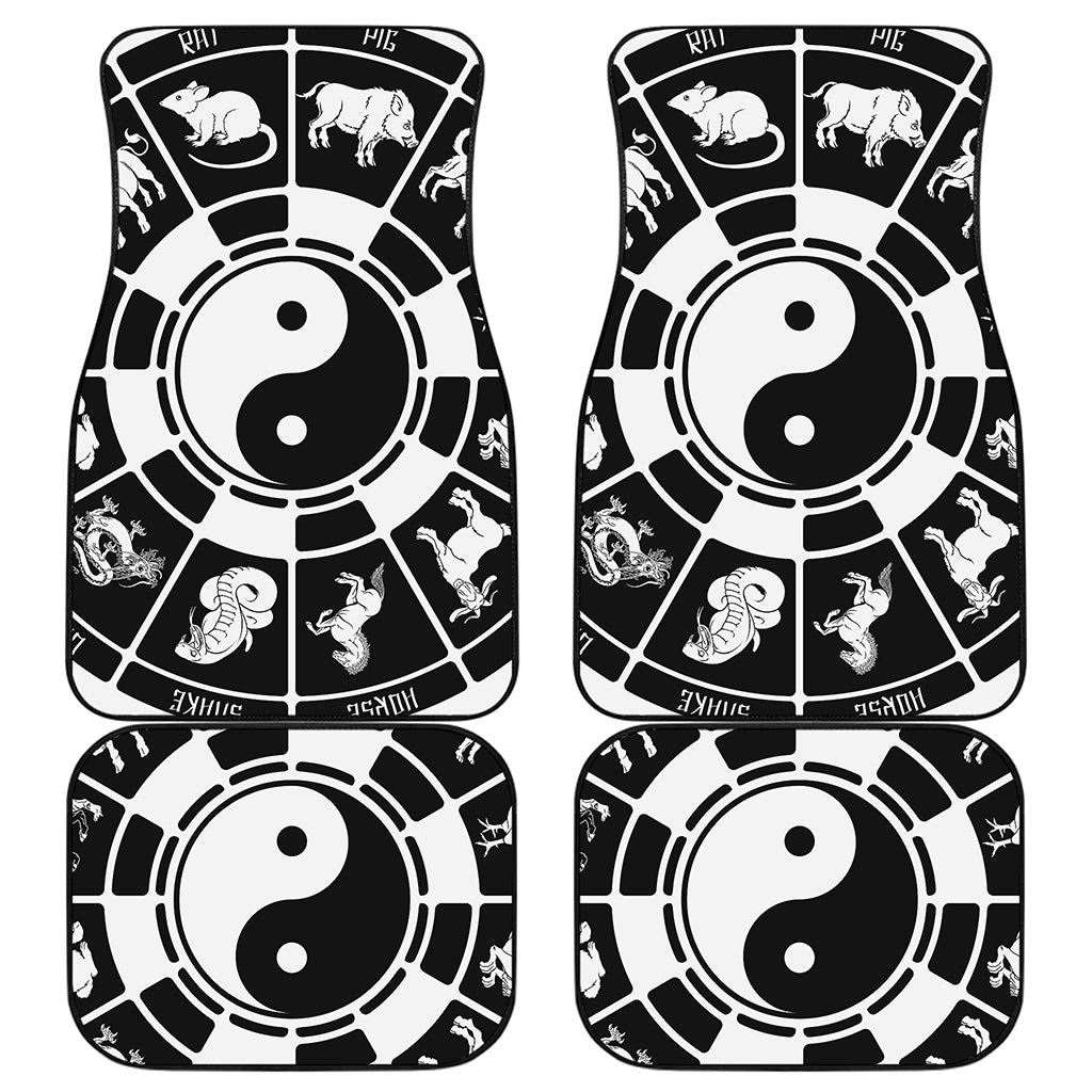 Black And White Chinese Zodiac Print Front and Back Car Floor Mats
