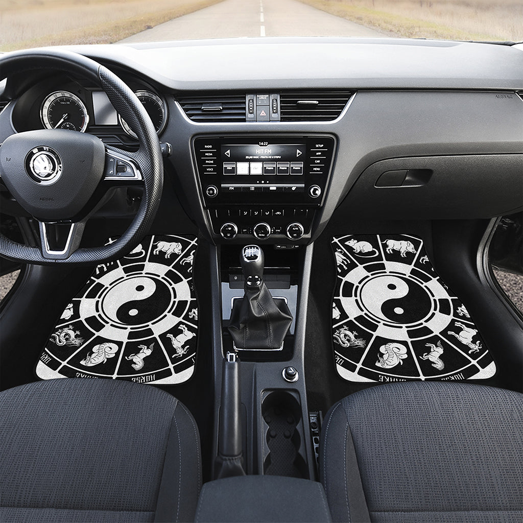 Black And White Chinese Zodiac Print Front and Back Car Floor Mats