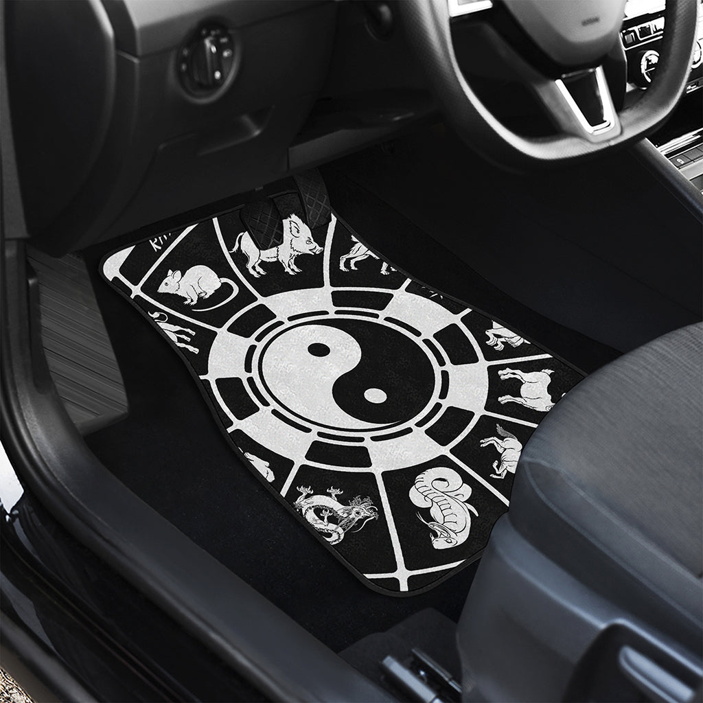 Black And White Chinese Zodiac Print Front and Back Car Floor Mats