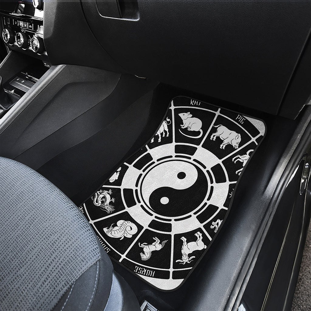 Black And White Chinese Zodiac Print Front and Back Car Floor Mats