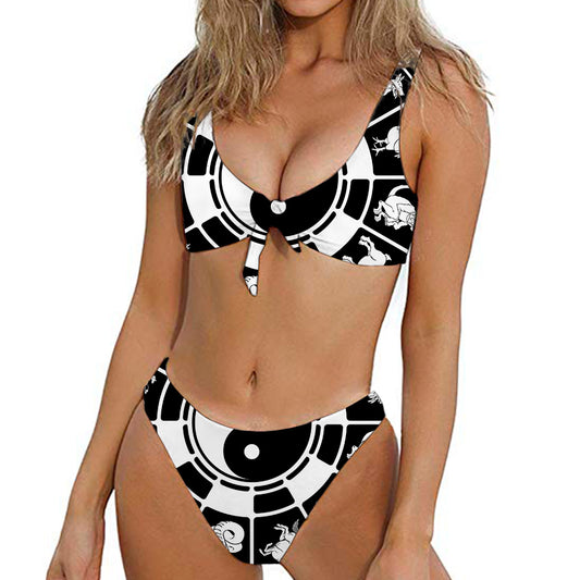 Black And White Chinese Zodiac Print Front Bow Tie Bikini