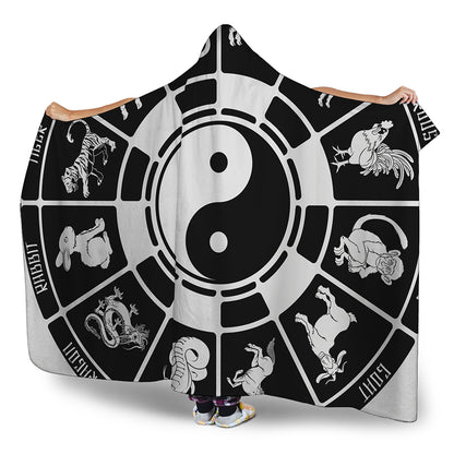 Black And White Chinese Zodiac Print Hooded Blanket