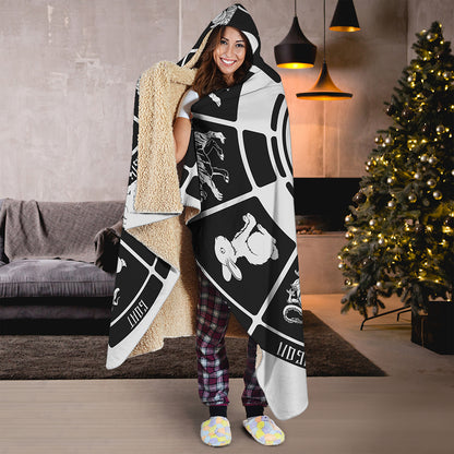 Black And White Chinese Zodiac Print Hooded Blanket