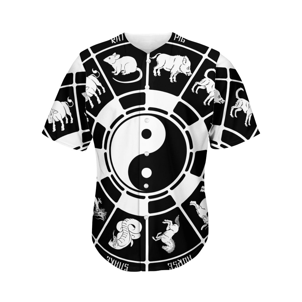 Black And White Chinese Zodiac Print Men's Baseball Jersey